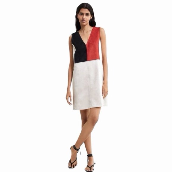 Zara Womens Dress Faux Suede Microfiber Tan Black Red Color Block Sz L NWT - Picture 1 of 10